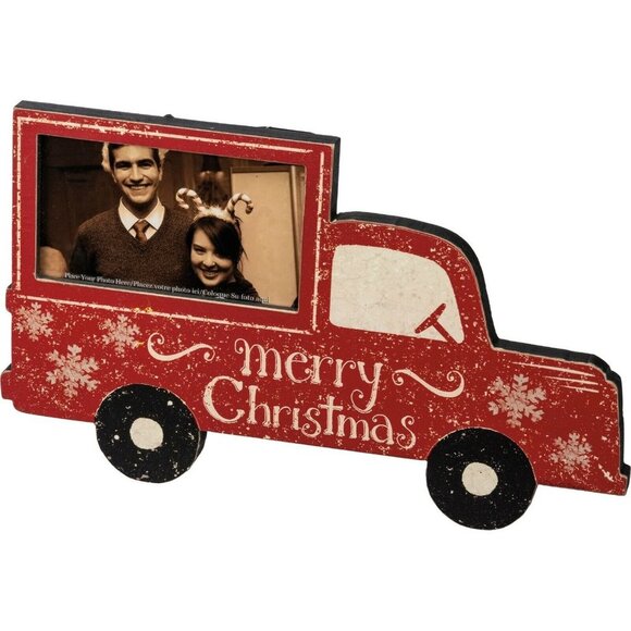 Primitive Country Christmas Vintage Red Truck Photo Frame Hang or Free Stand - Picture 1 of 2